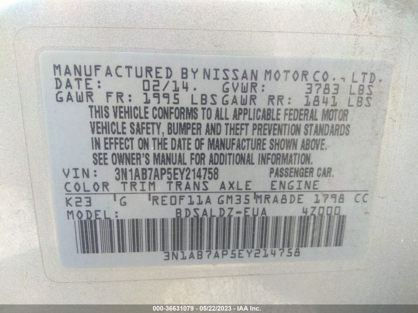 2014 NISSAN SENTRA S/FE+ S/SV/FE+ SV/SR/SL - 3N1AB7AP5EY214758