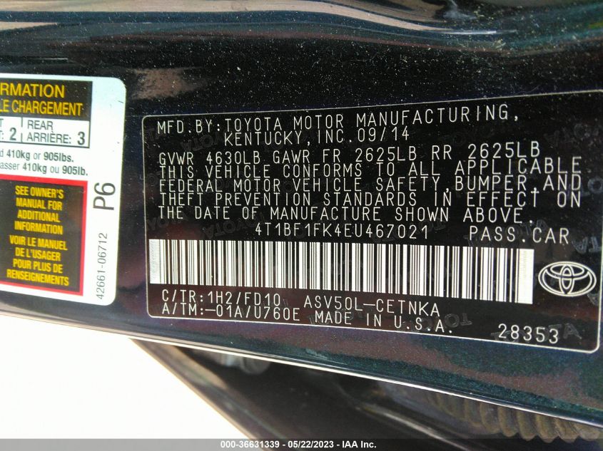2014 TOYOTA CAMRY L/LE/XLE/SE/SE SPORT - 4T1BF1FK4EU467021