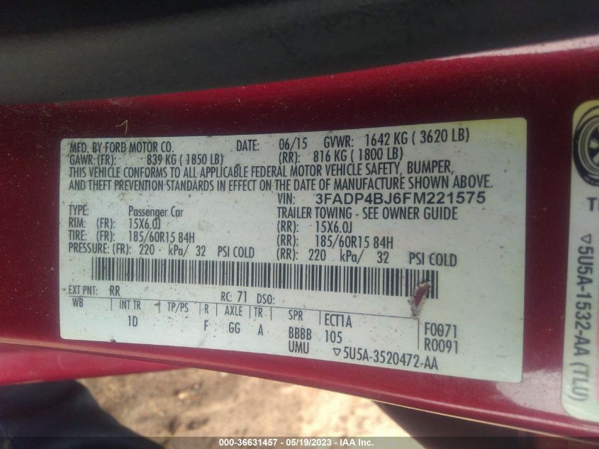 2015 FORD FIESTA SE - 3FADP4BJ6FM221575