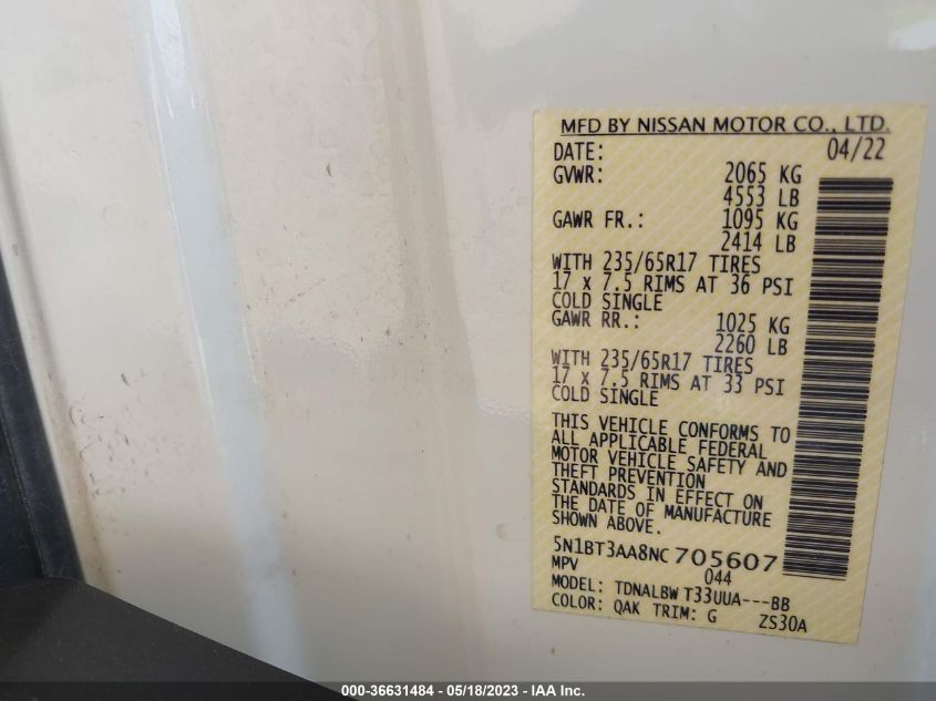 2022 NISSAN ROGUE S - 5N1BT3AA8NC705607