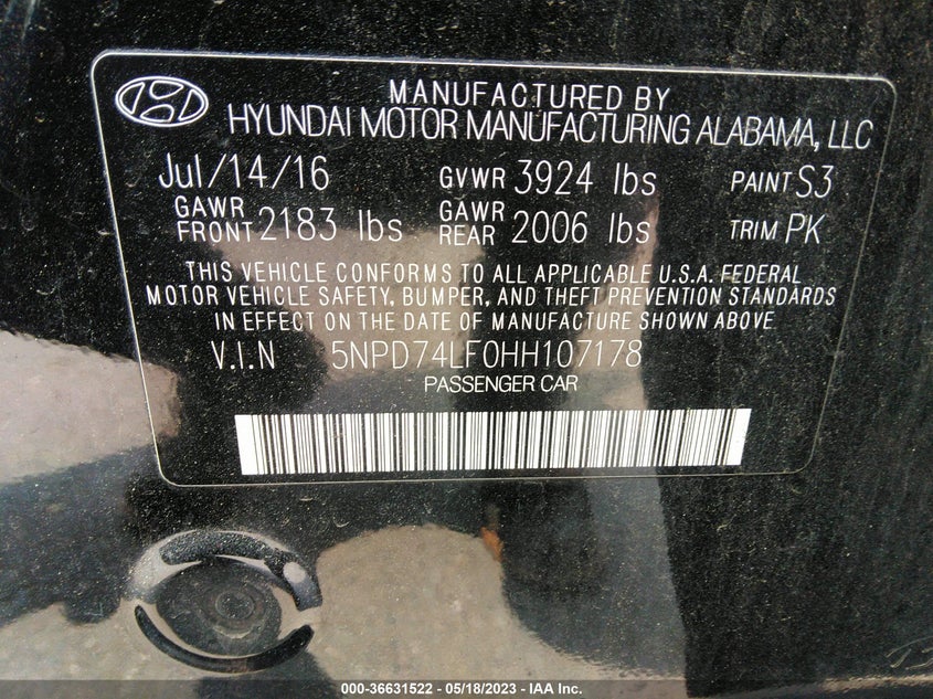 VIN 5NPD74LF0HH107178 2017 HYUNDAI ELANTRA SE