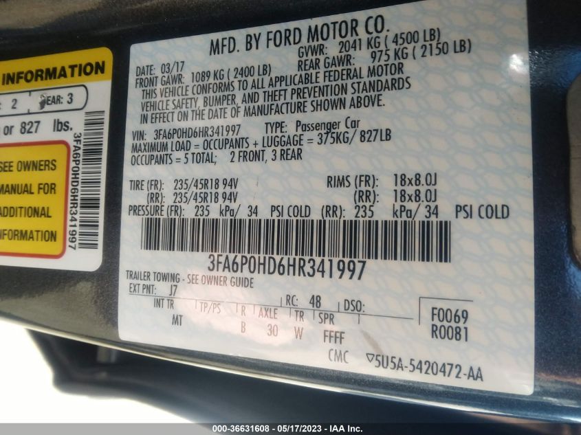 2017 FORD FUSION SE - 3FA6P0HD6HR341997