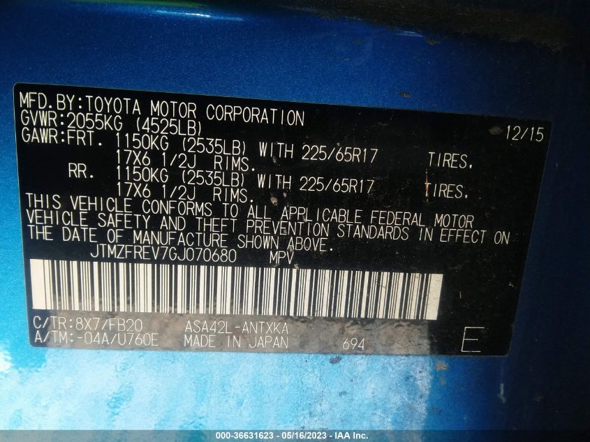 2016 TOYOTA RAV4 LE - JTMZFREV7GJ070680
