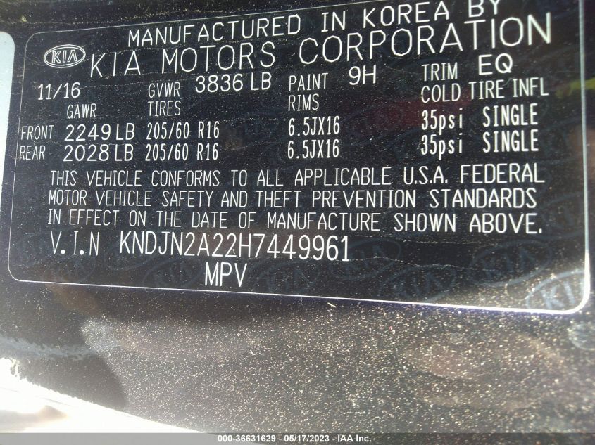 2017 KIA SOUL BASE - KNDJN2A22H7449961