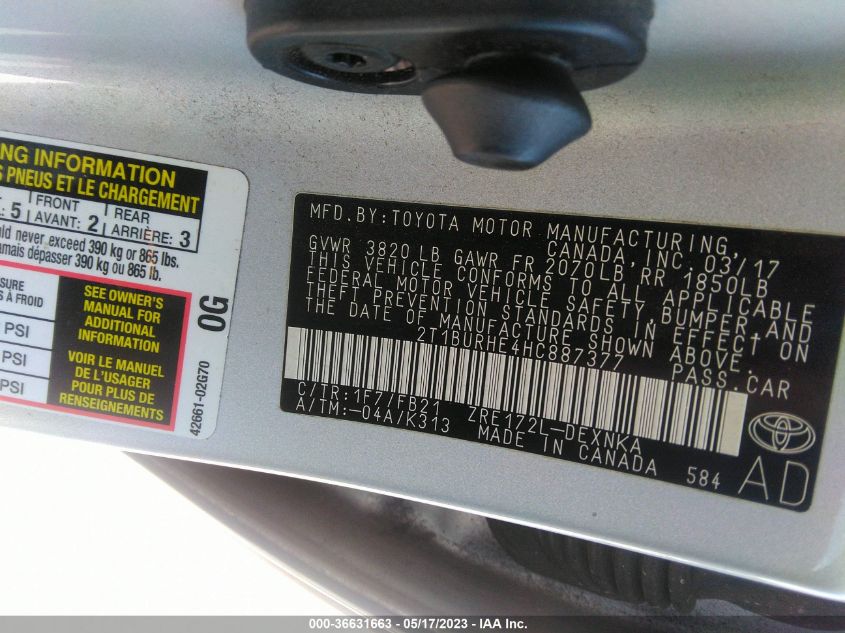 2017 TOYOTA COROLLA L/LE/XLE/SE - 2T1BURHE4HC887377