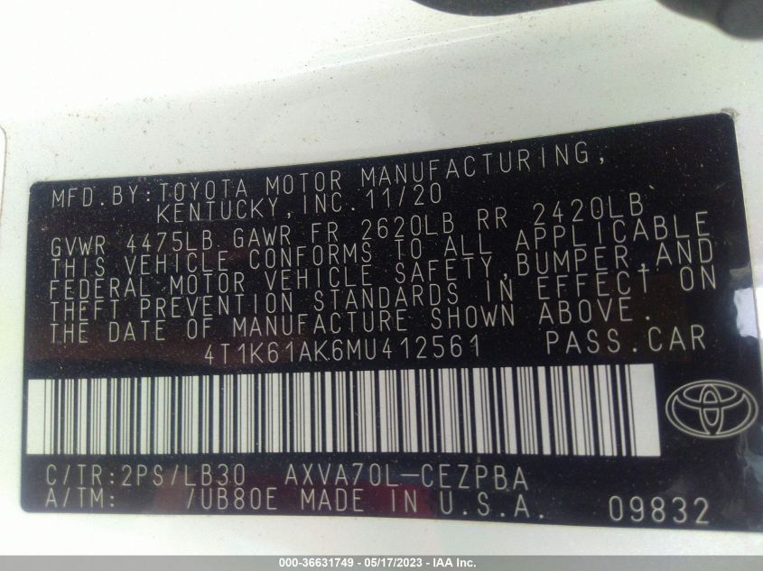 2021 TOYOTA CAMRY XSE - 4T1K61AK6MU412561
