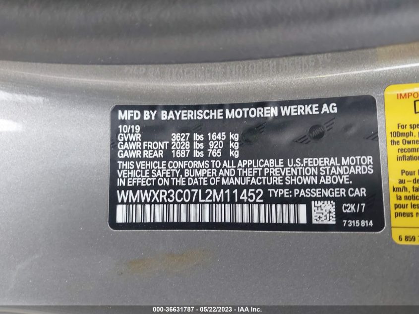 2020 MINI HARDTOP 2 DOOR OXFORD EDITION WMWXR3C07L2M11452