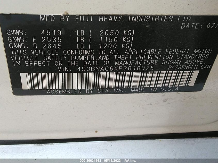 2015 SUBARU LEGACY 2.5I PREMIUM - 4S3BNAC6XF3010025