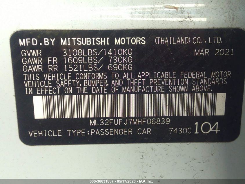 2021 MITSUBISHI MIRAGE G4 ES/LE/CARBONITE EDITION - ML32FUFJ7MHF06839