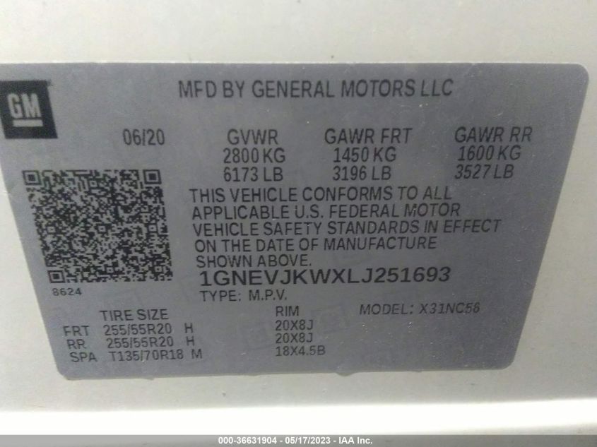 2020 CHEVROLET TRAVERSE RS - 1GNEVJKWXLJ251693