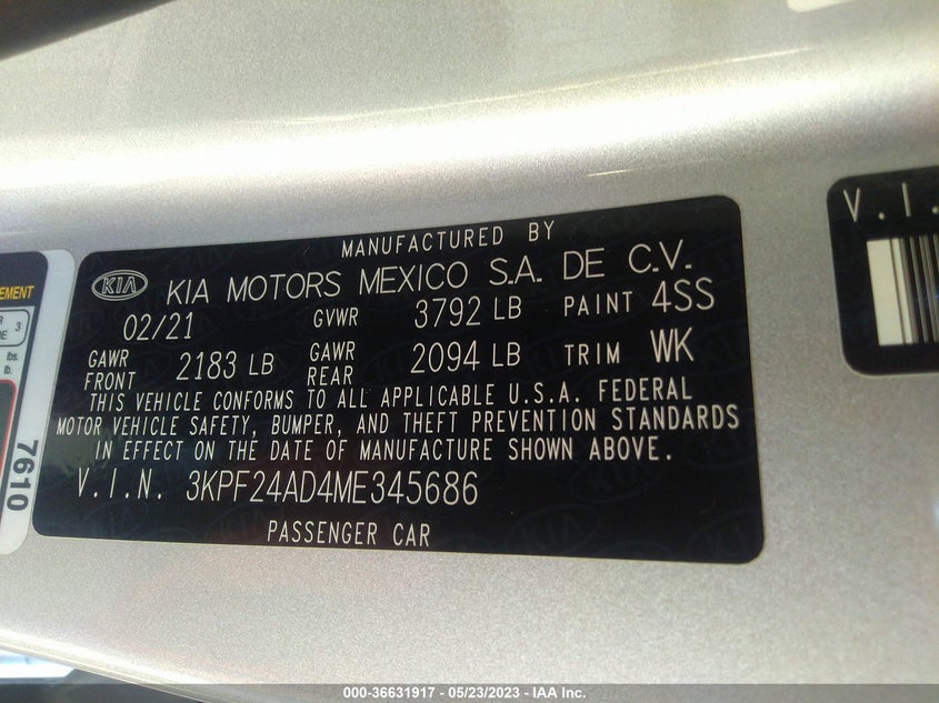 VIN 3KPF24AD4ME345686 2021 KIA FORTE LXS