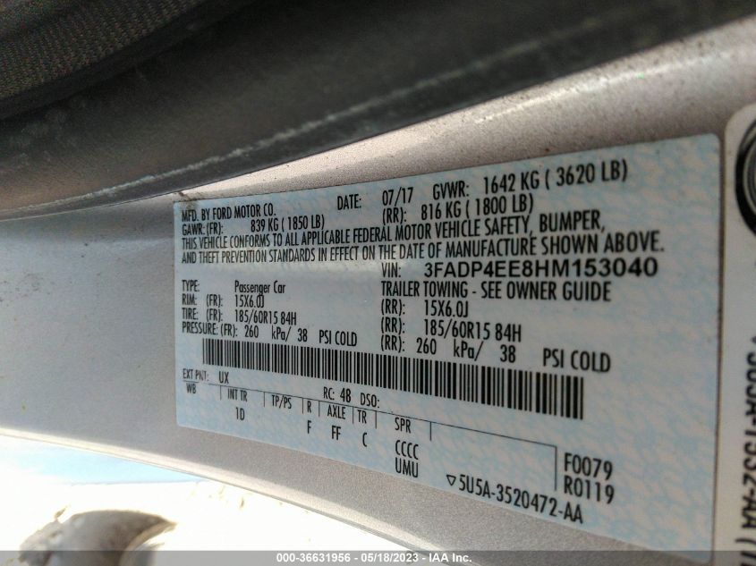 2017 FORD FIESTA SE - 3FADP4EE8HM153040
