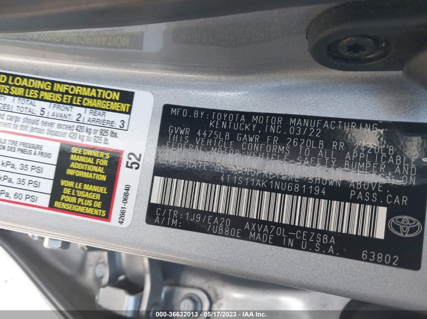 2022 TOYOTA CAMRY SE - 4T1S11AK1NU681194
