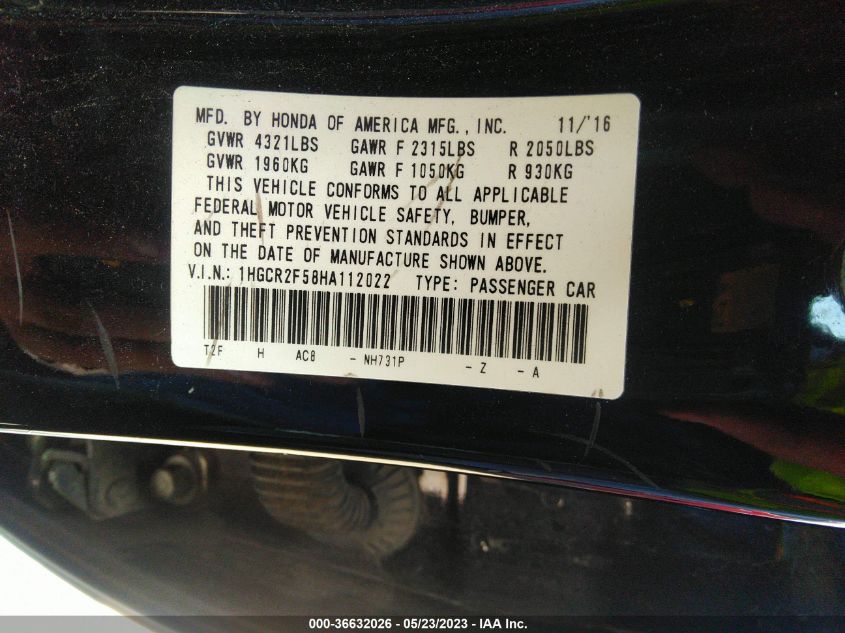 2017 HONDA ACCORD SEDAN SPORT - 1HGCR2F58HA112022