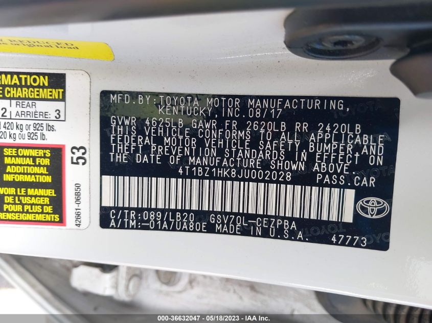 2018 TOYOTA CAMRY V6 - 4T1BZ1HK8JU002028
