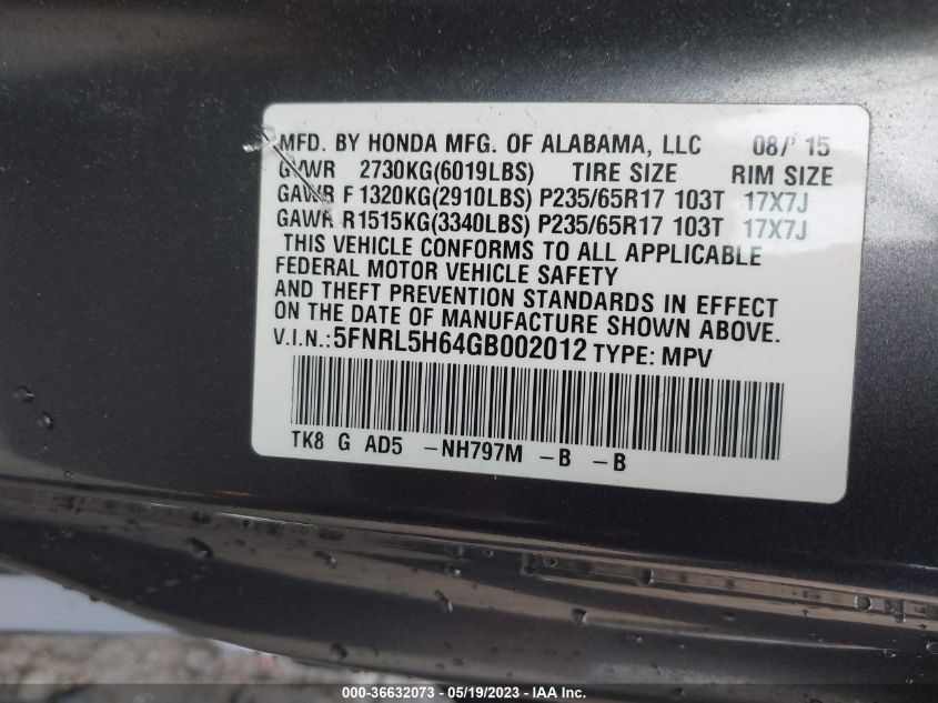 2016 HONDA ODYSSEY EX-L - 5FNRL5H64GB002012