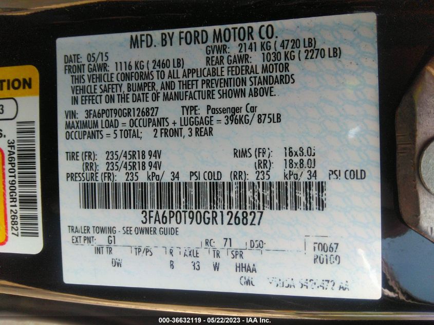 2016 FORD FUSION SE - 3FA6P0T90GR126827