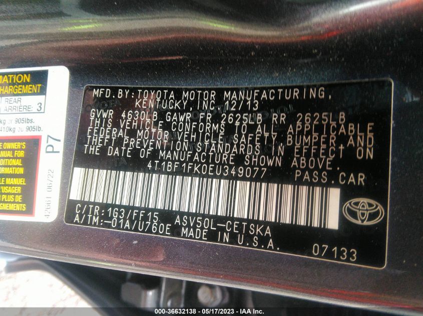 2014 TOYOTA CAMRY L/LE/XLE/SE/SE SPORT - 4T1BF1FK0EU349077