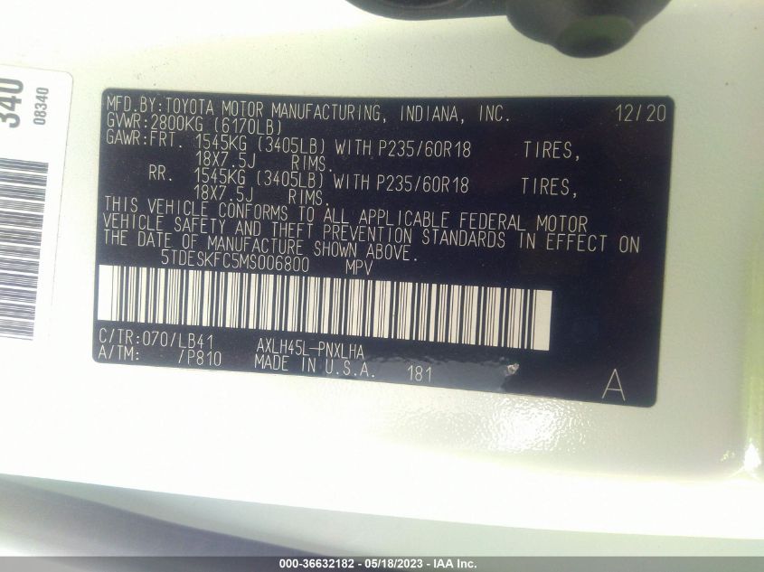 2021 TOYOTA SIENNA LIMITED/PLATINUM - 5TDESKFC5MS006800