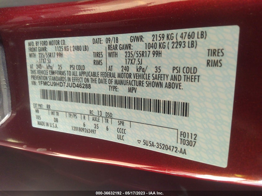 VIN 1FMCU9HD7JUD46288 2018 FORD ESCAPE SEL