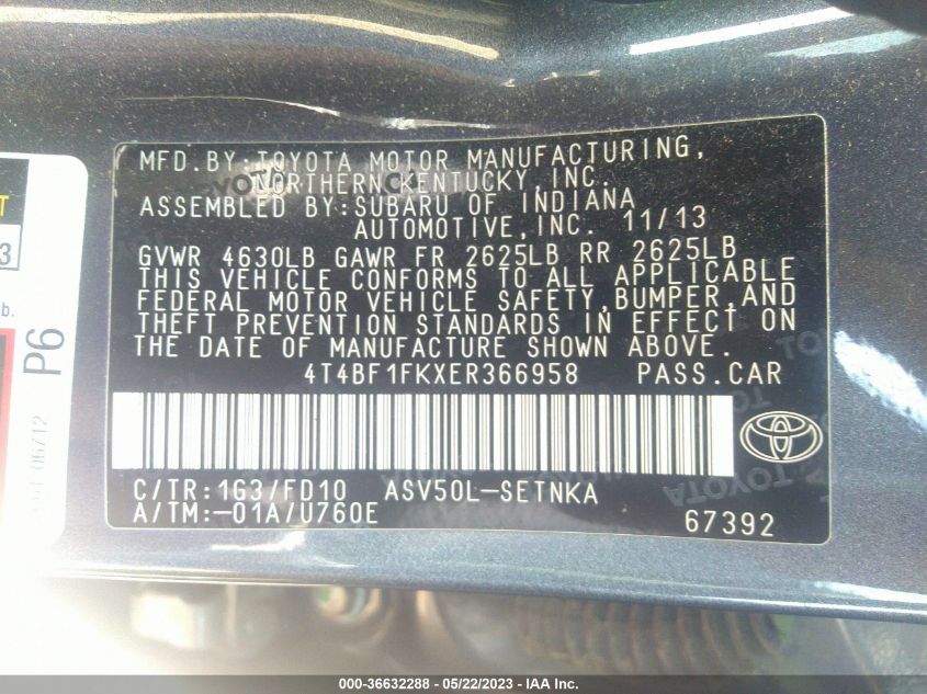 2014 TOYOTA CAMRY L/LE/XLE/SE/SE SPORT - 4T4BF1FKXER366958