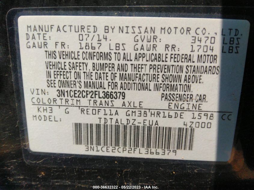 2015 NISSAN VERSA NOTE SV - 3N1CE2CP2FL366379