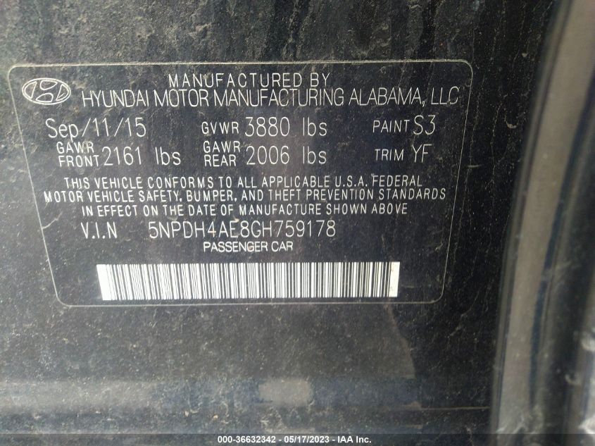 2016 HYUNDAI ELANTRA SE - 5NPDH4AE8GH759178