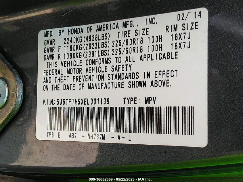 2014 HONDA CROSSTOUR EX-L 5J6TF1H5XEL001139