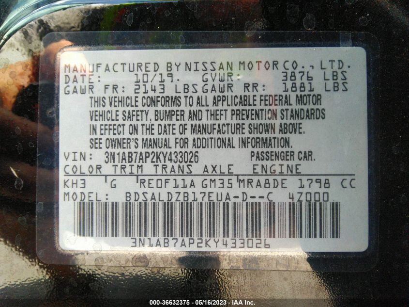 2019 NISSAN SENTRA SV - 3N1AB7AP2KY433026