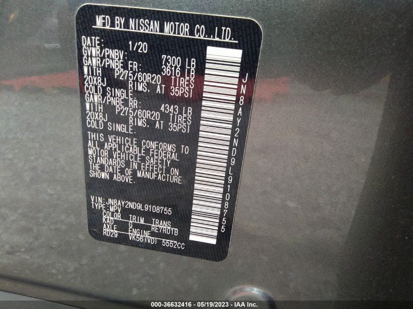 2020 NISSAN ARMADA SL - JN8AY2ND9L9108755