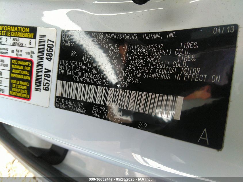 2013 TOYOTA SIENNA XLE AAS/XLE/LTD - 5TDYK3DC4DS361558