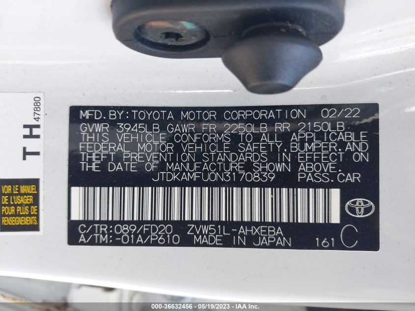 2022 TOYOTA PRIUS L - JTDKAMFU0N3170839