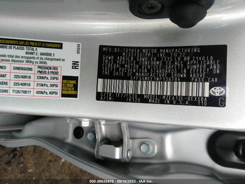 2022 TOYOTA COROLLA SE - 5YFS4MCE1NP138784