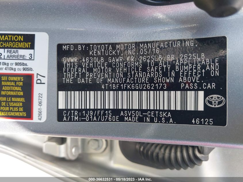 2016 TOYOTA CAMRY XLE/SE/LE/XSE - 4T1BF1FK6GU262173
