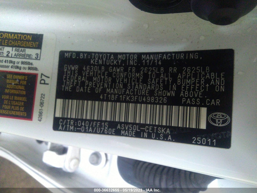 Auction sale of the 2015 TOYOTA CAMRY , vin: 4T1BF1FK3FU498326, lot number: 36632655