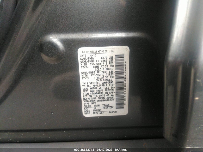 VIN JN8AT2MV8HW026372 2017 NISSAN ROGUE SV