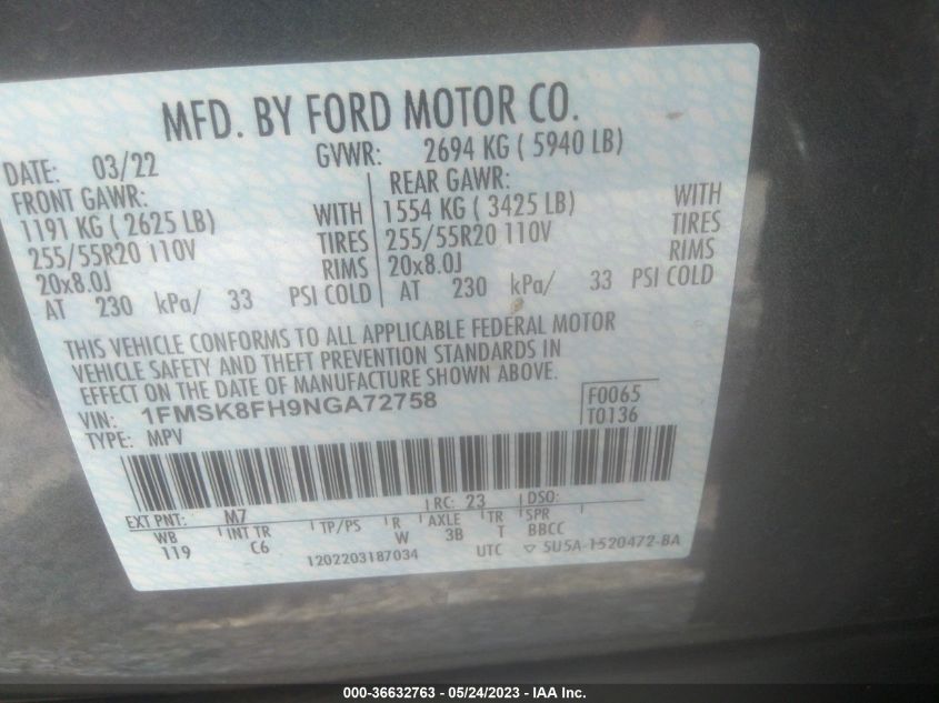 2022 FORD EXPLORER LIMITED - 1FMSK8FH9NGA72758