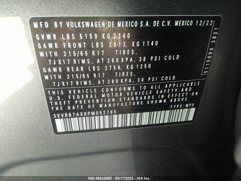 VIN 3VVRB7AX8PM052765 2023 VOLKSWAGEN TIGUAN S