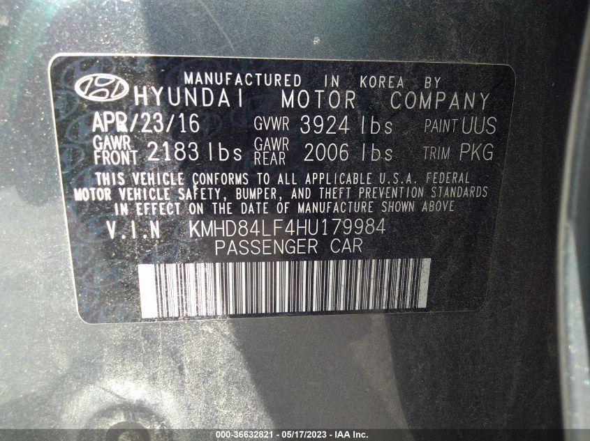 2017 HYUNDAI ELANTRA LIMITED - KMHD84LF4HU179984