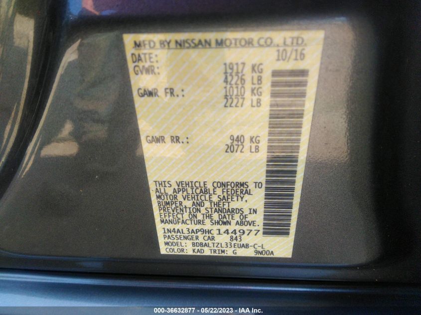 2017 NISSAN ALTIMA 2.5 SL - 1N4AL3AP9HC144977