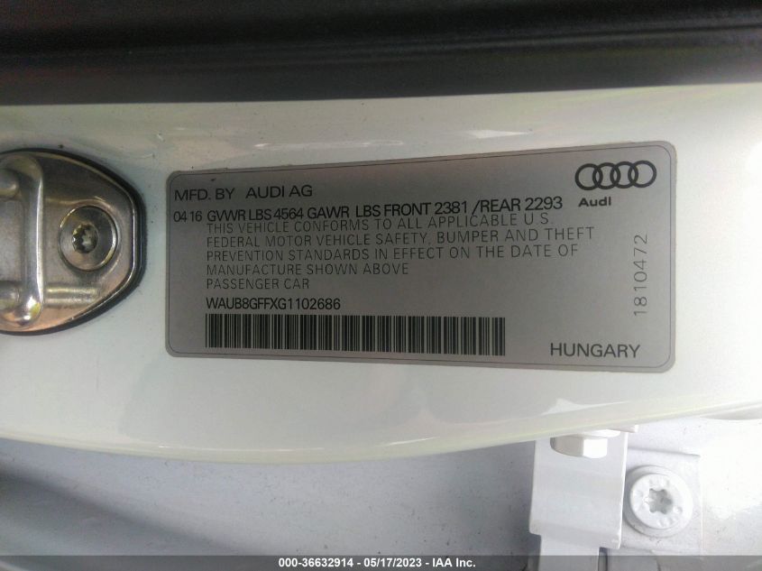 2016 AUDI A3 2.0T PREMIUM - WAUB8GFFXG1102686