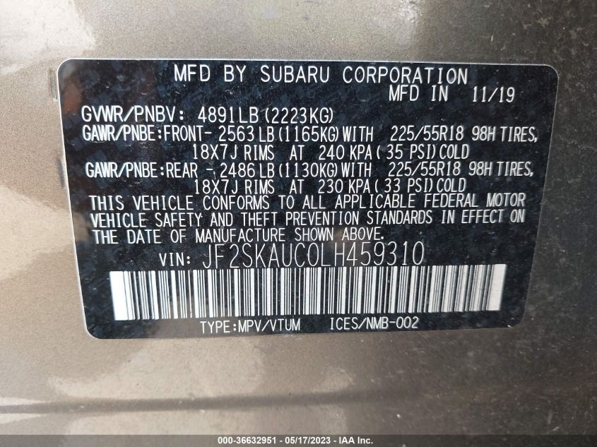 2020 SUBARU FORESTER LIMITED - JF2SKAUC0LH459310