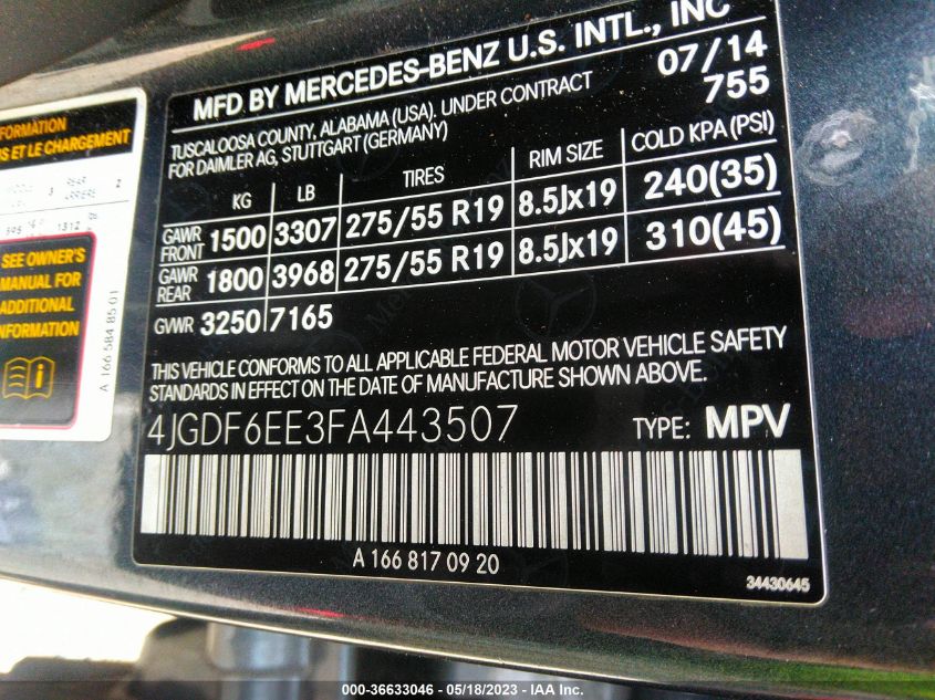 2015 MERCEDES-BENZ GL-CLASS GL 450 4JGDF6EE3FA443507