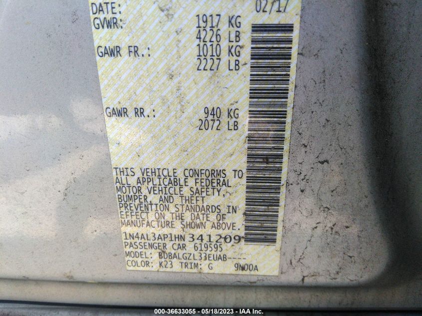 2017 NISSAN ALTIMA 2.5 S - 1N4AL3AP1HN341209