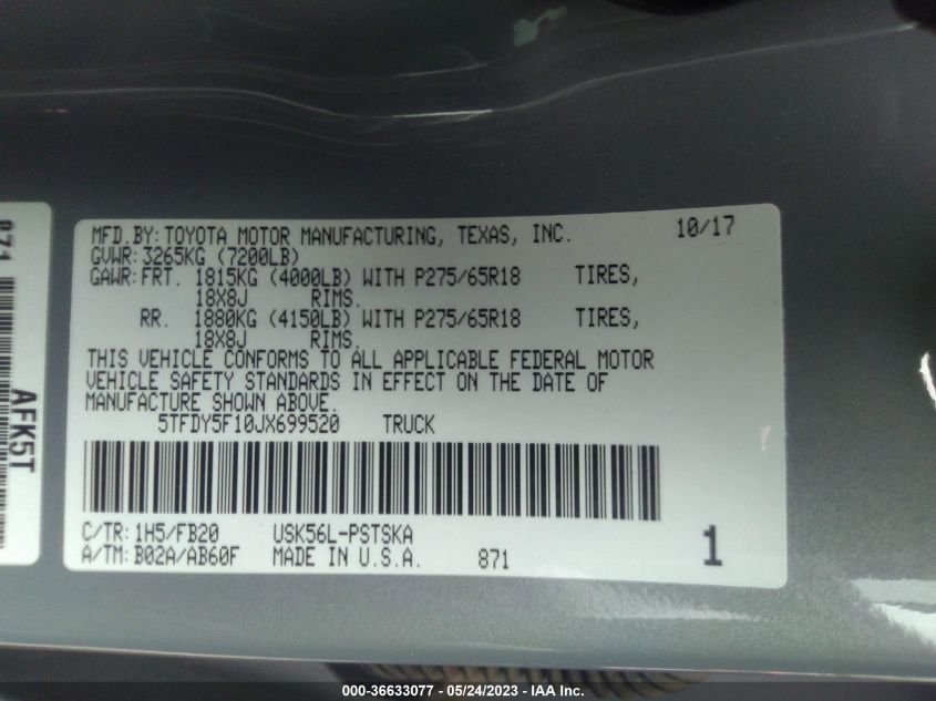 2018 TOYOTA TUNDRA 4WD SR5/LIMITED/PLATINUM - 5TFDY5F10JX699520