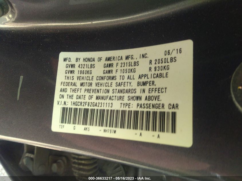 2016 HONDA ACCORD SEDAN EX-L - 1HGCR2F82GA231113