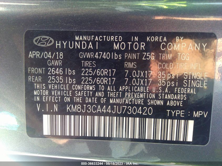 2018 HYUNDAI TUCSON SEL - KM8J3CA44JU730420