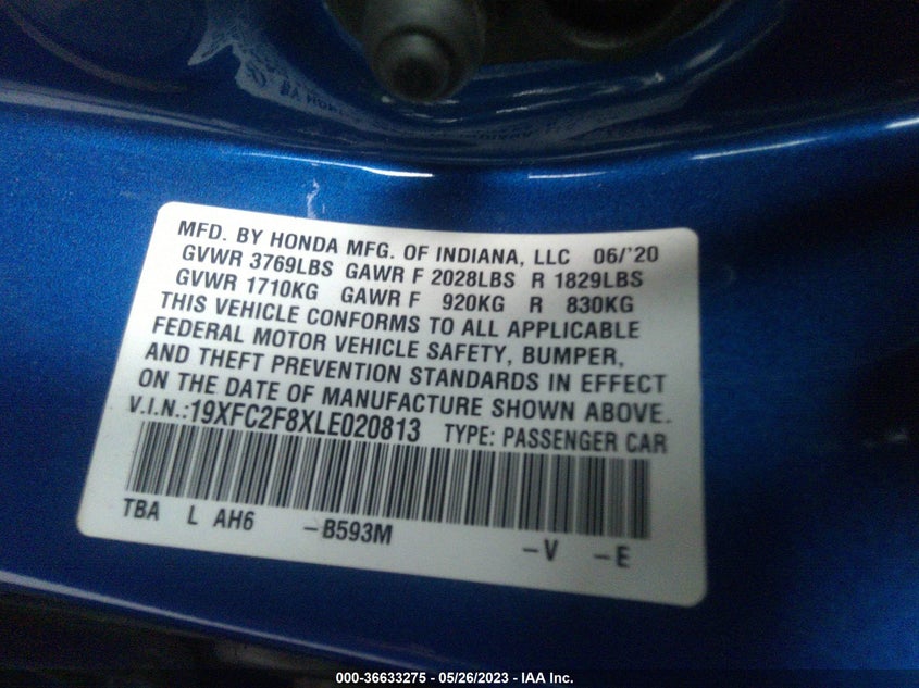 VIN 19XFC2F8XLE020813 2020 HONDA CIVIC SEDAN SPORT