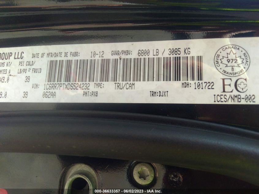 2013 RAM 1500 LARAMIE LONGHORN - 1C6RR7PTXDS524232