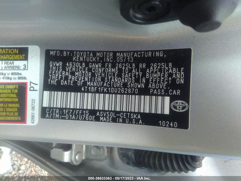 2013 TOYOTA CAMRY L/LE/SE/XLE - 4T1BF1FK1DU262870